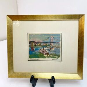 1950s Vtg Harry Reeks Signed Screen Printed Ferry Boat Framed Golden Gate Art
